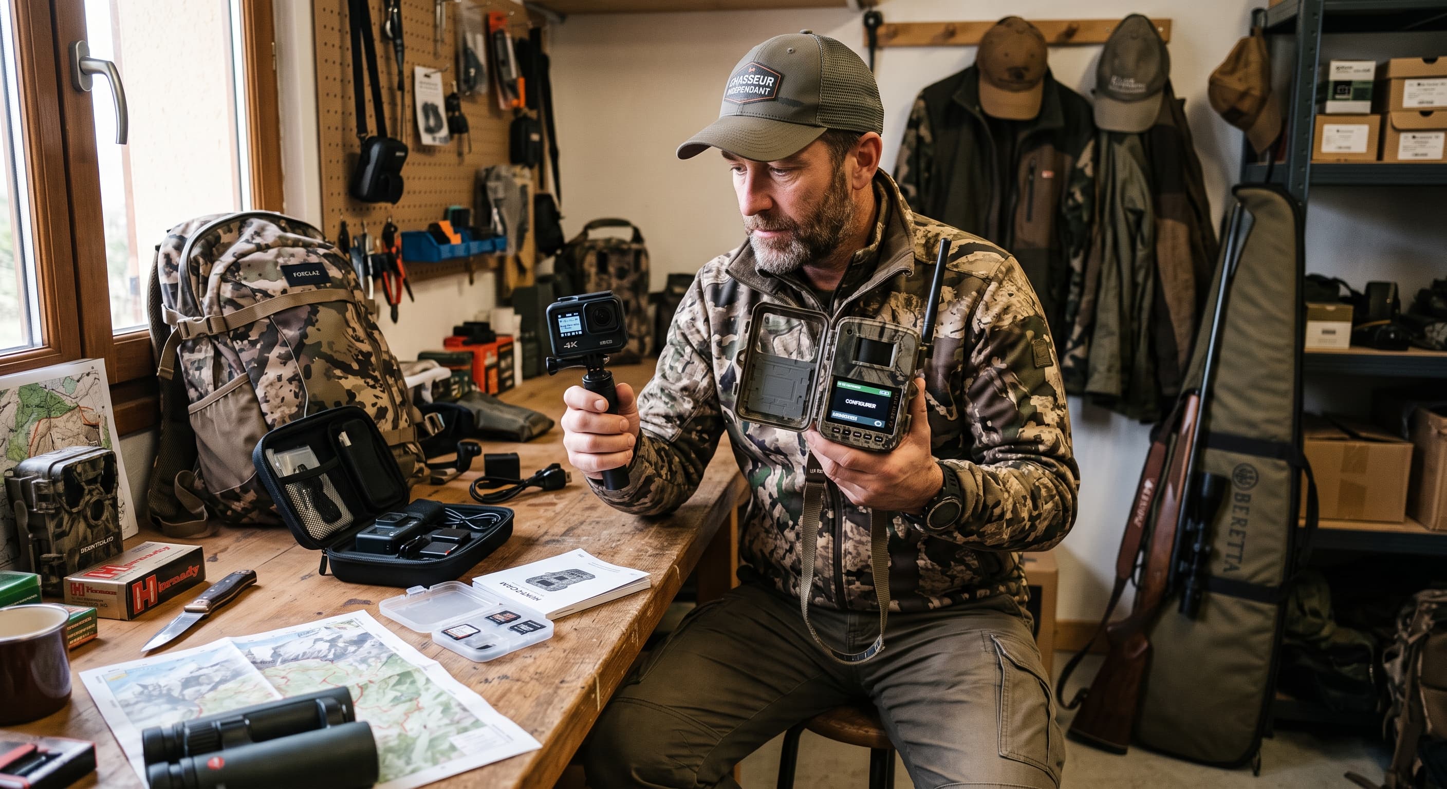 Chasseur comparant une caméra embarquée type GoPro et une caméra de chasse fixe avant de partir en sortie