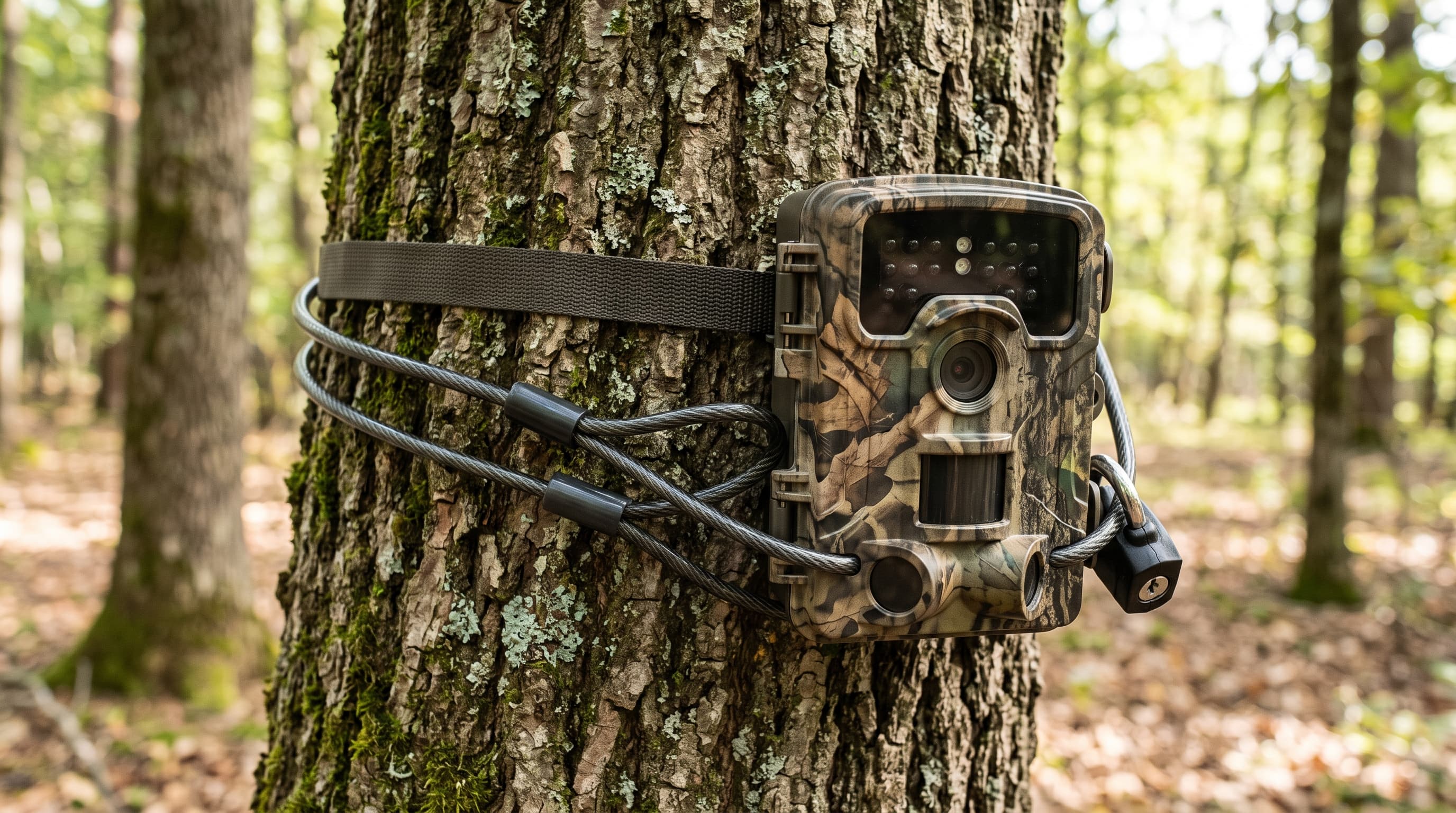 Caméra de chasse fixée sur un arbre avec un câble antivol