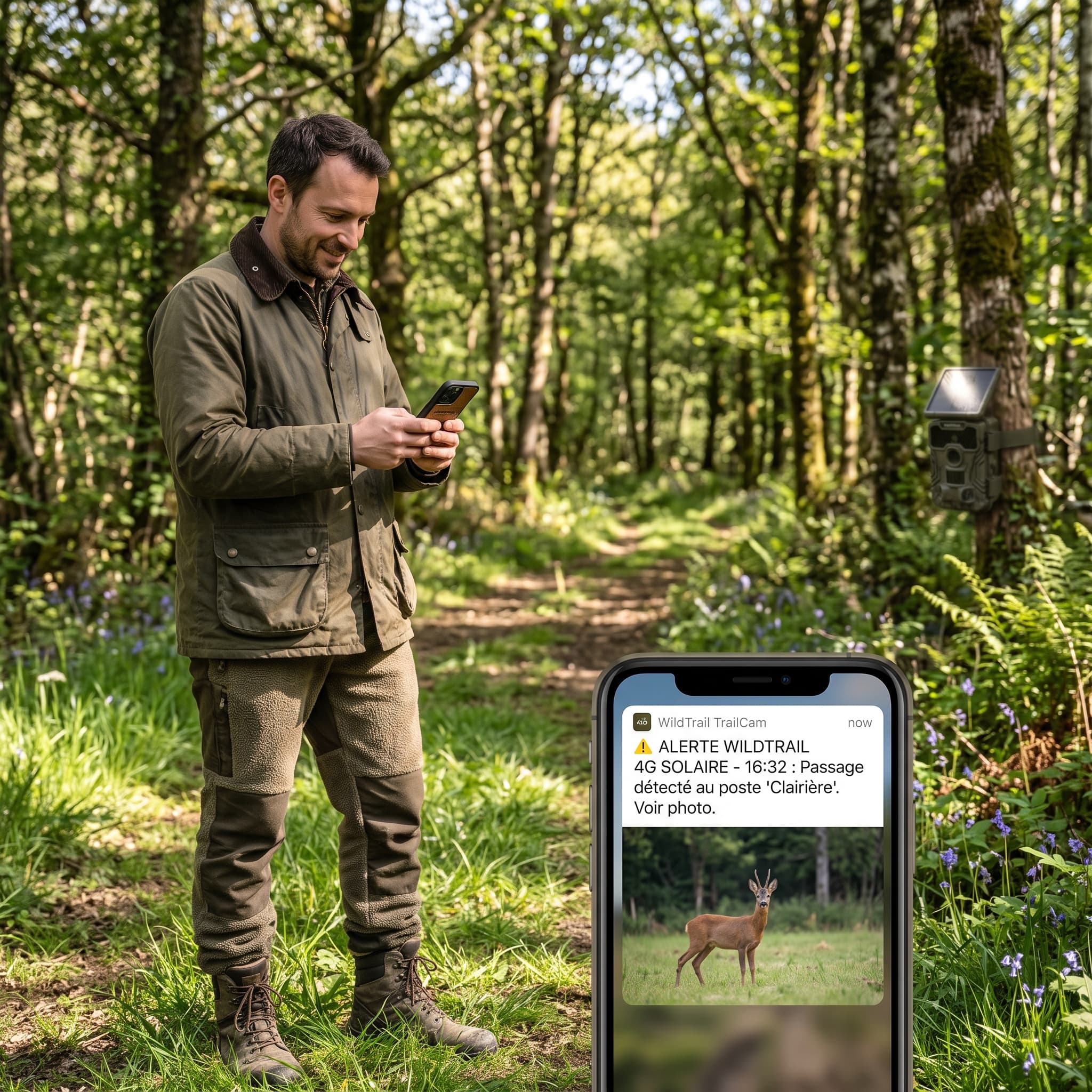 Utilisateur consultant son smartphone en bordure de bois, recevant les photos d'un piège photographique WildTrail 4G solaire installé à distance